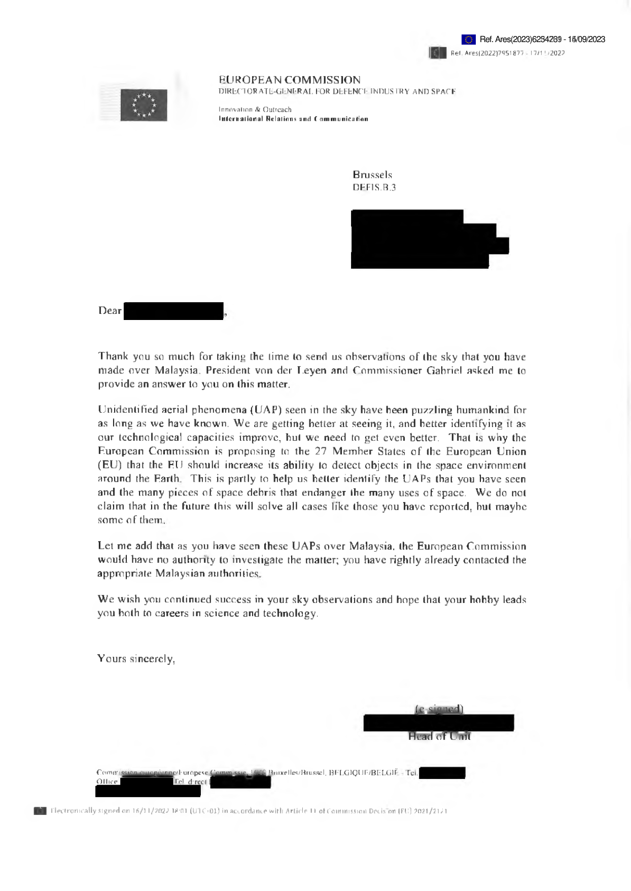 Released one-page DG DEFIS reply from the European Commission.